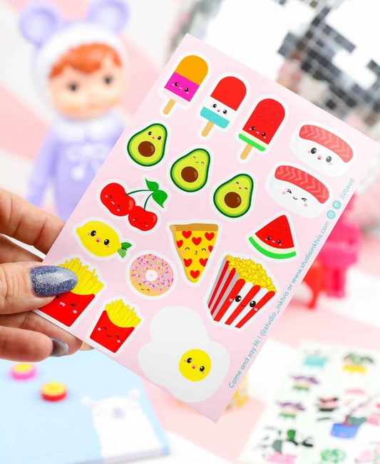 Planche de stickers Sushi, fruits & fast-food kawaii – Autocollants A6 (20 stickers) studio inktvis