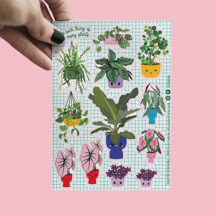 Planche de stickers plantes kawaii – Pink Princess, Monstera & Pilea A6 studio inktvis