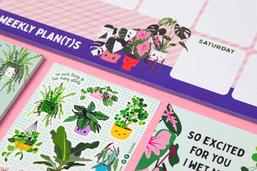 Planche de stickers plantes kawaii – Pink Princess, Monstera & Pilea A6 studio inktvis