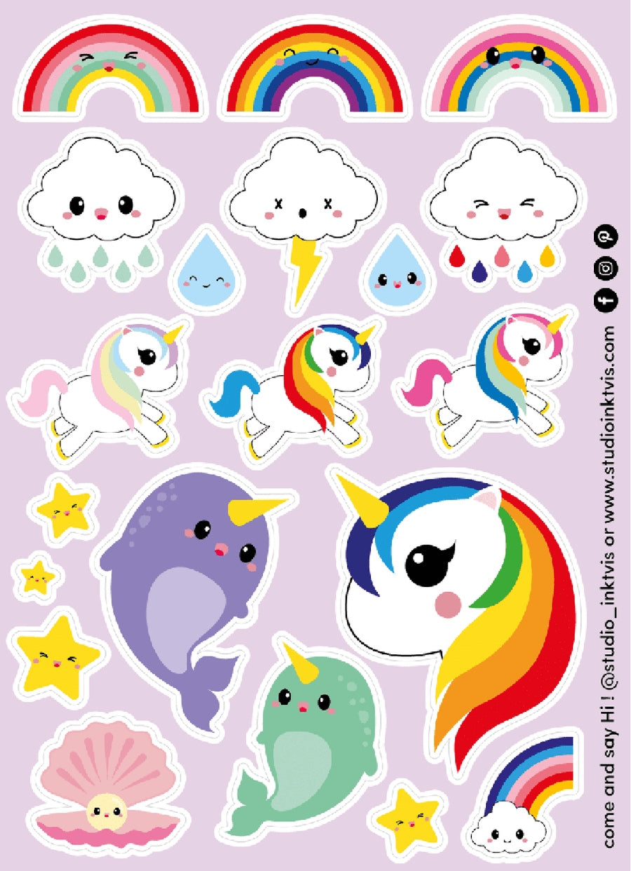 Planche de stickers Licorne & Narval arc-en-ciel – Autocollants kawaii A6 studio inktvis