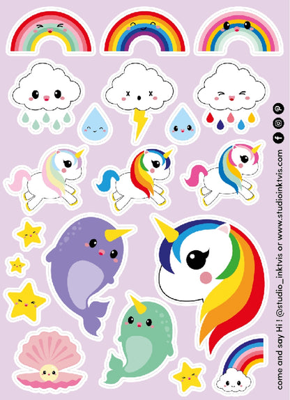 Planche de stickers Licorne & Narval arc-en-ciel – Autocollants kawaii A6 studio inktvis