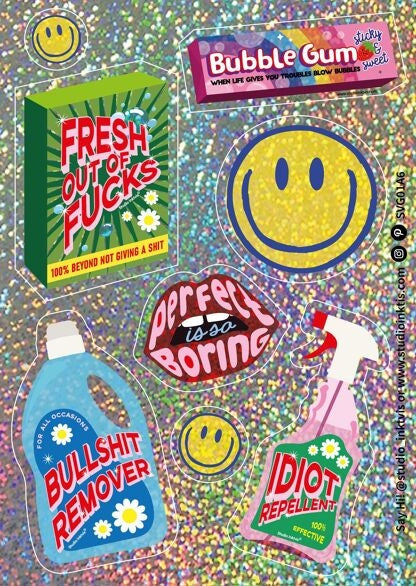Planche de stickers pailletés Smiley & Messages sarcastiques – Autocollants fun A6 studio inktvis
