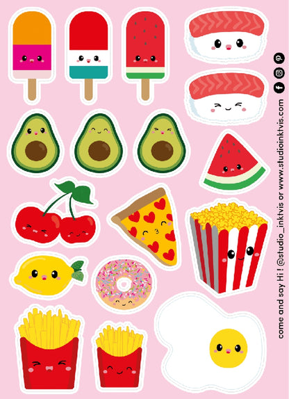 Planche de stickers Sushi, fruits & fast-food kawaii – Autocollants A6 (20 stickers) studio inktvis