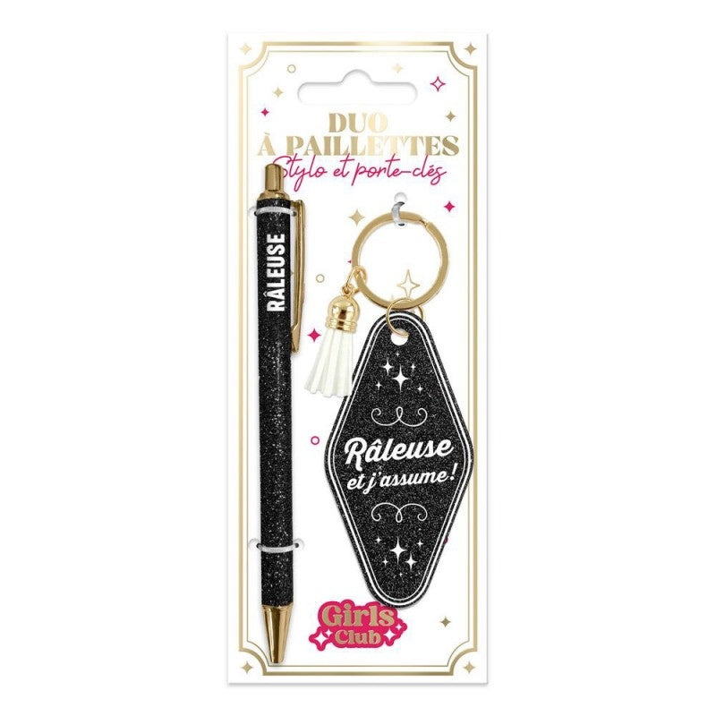 Coffret Duo Paillettes “Râleuse” – Stylo & Porte-Clés Humoristique Femme | Girls Club JOY!