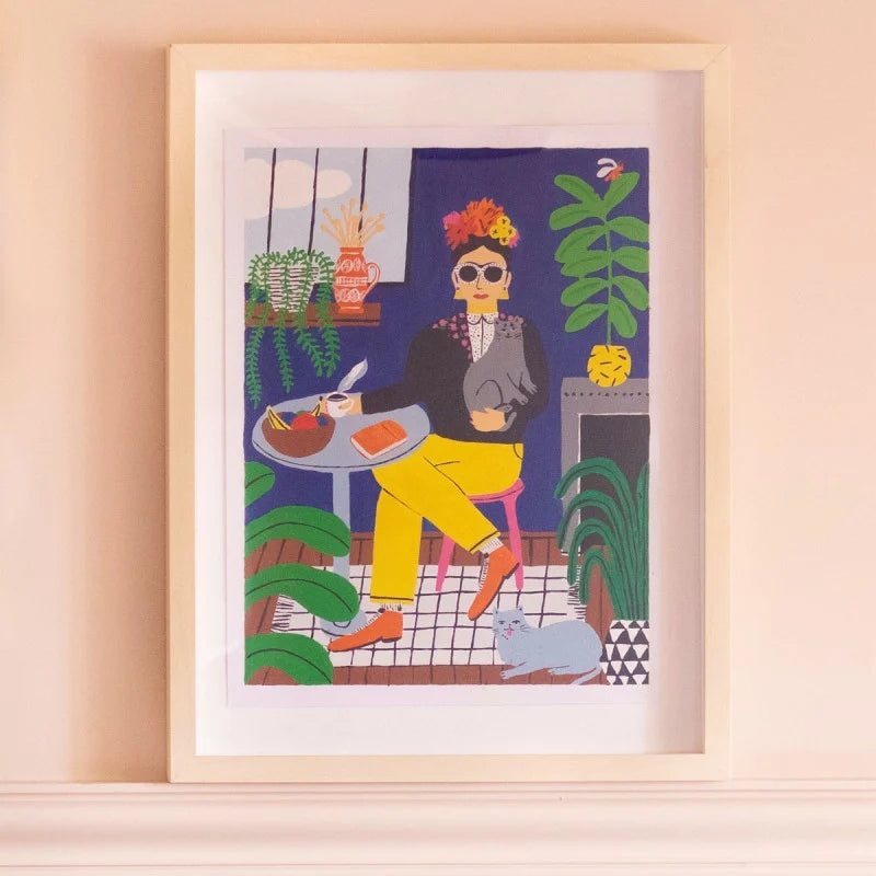 Illustration artistique représentant une jeune femme entourée de chats