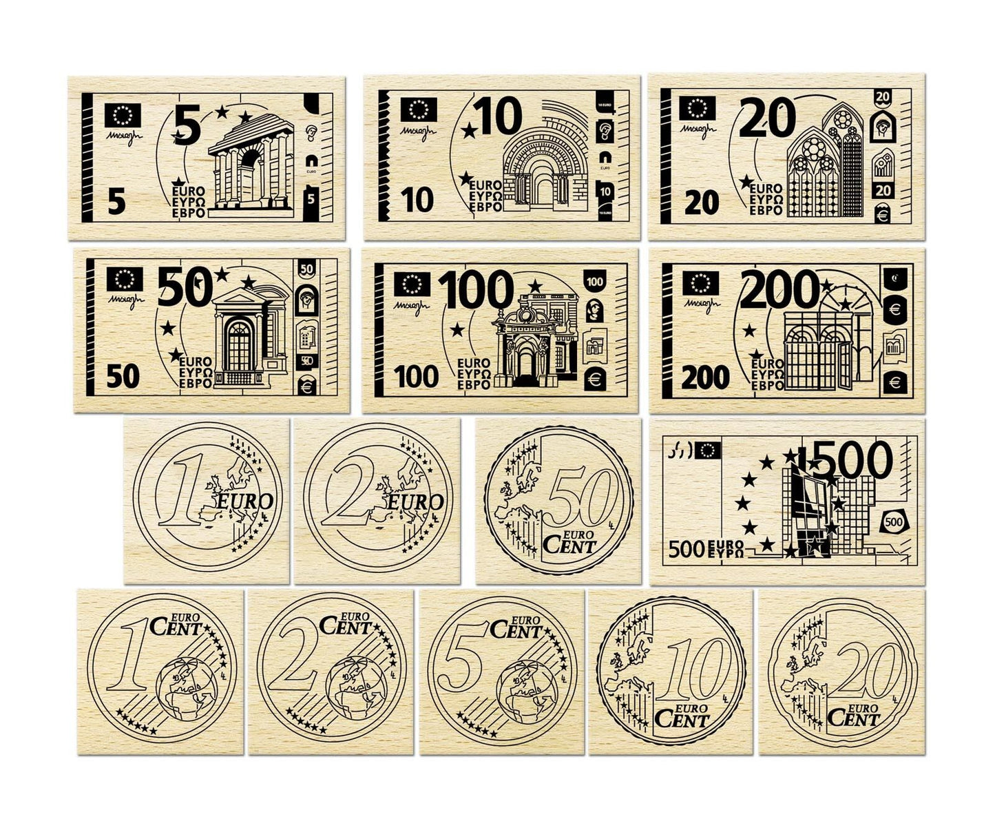 Vue du coffret Crealign Euro avec 15 tampons bois bien rangés.