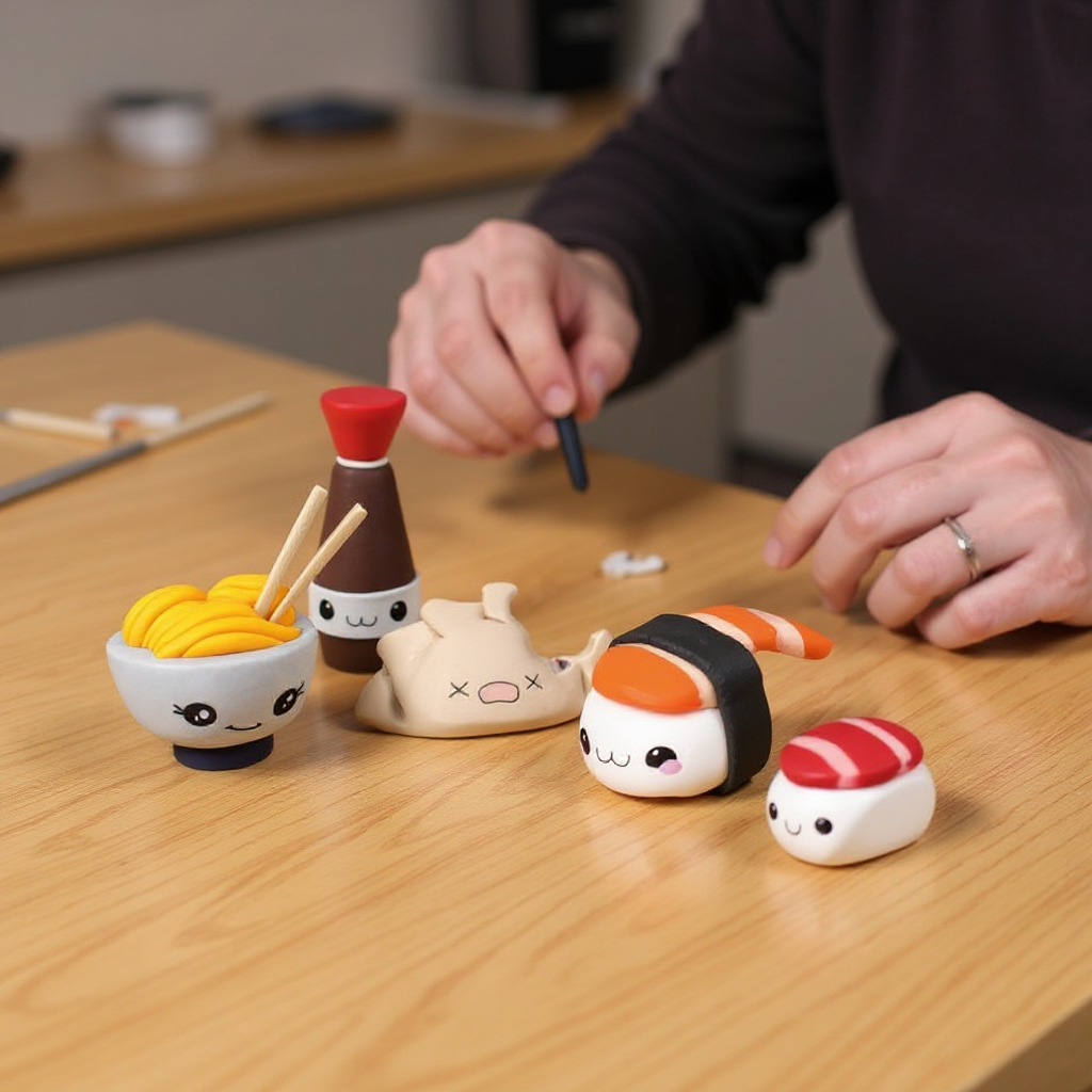 Gros plan sur un sushi kawaii en FIMO, avec ses yeux et sa bouche amusants.