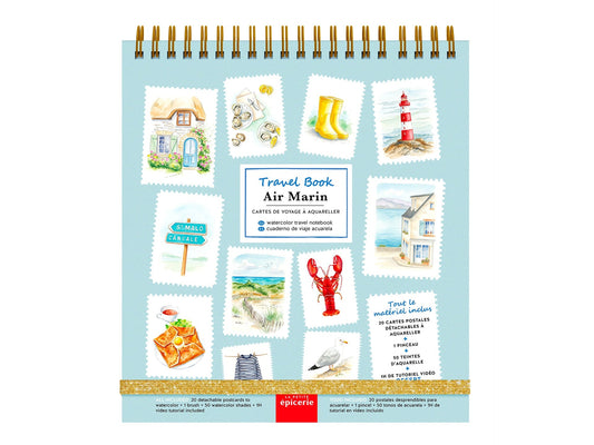 Travel Book Air Marin avec 20 cartes postales aquarelle, palette 50 pigments et pinceau intégré