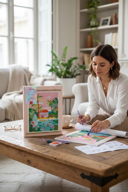 Tableau maison tropicale aux couleurs pastel scintillantes