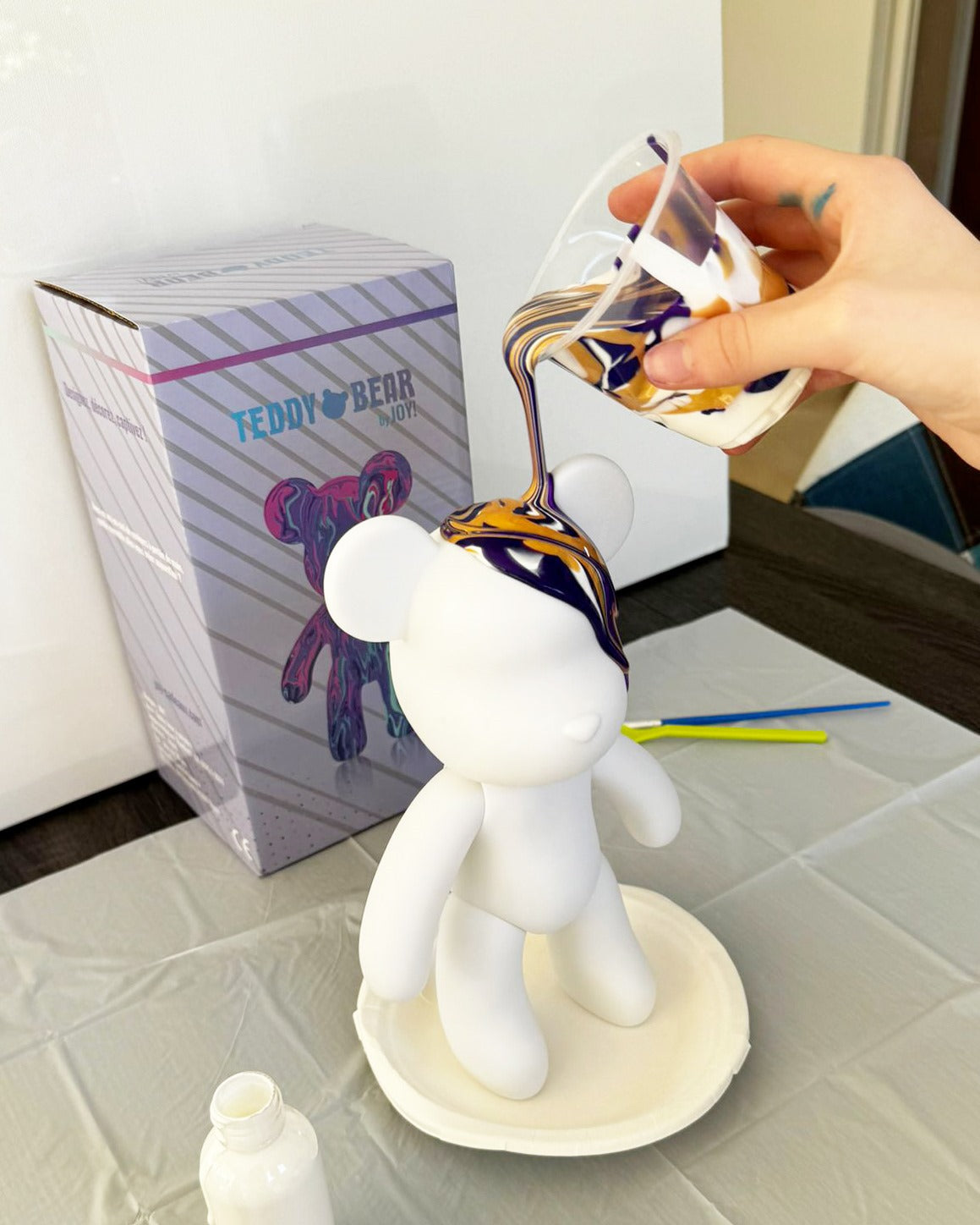 Kit de peinture pouring fluide art - Ours Teddy Bear Violet Blanc Or JOY!