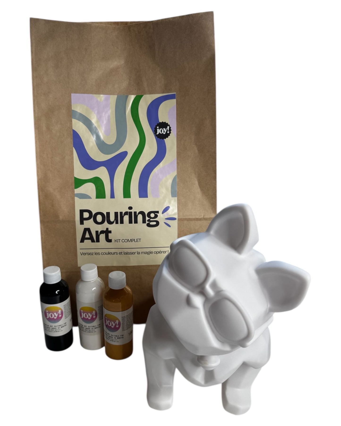 Kit DIY Pouring Art Bouldogue – Crée ton œuvre chez toi !Noir/Gold/Blanc