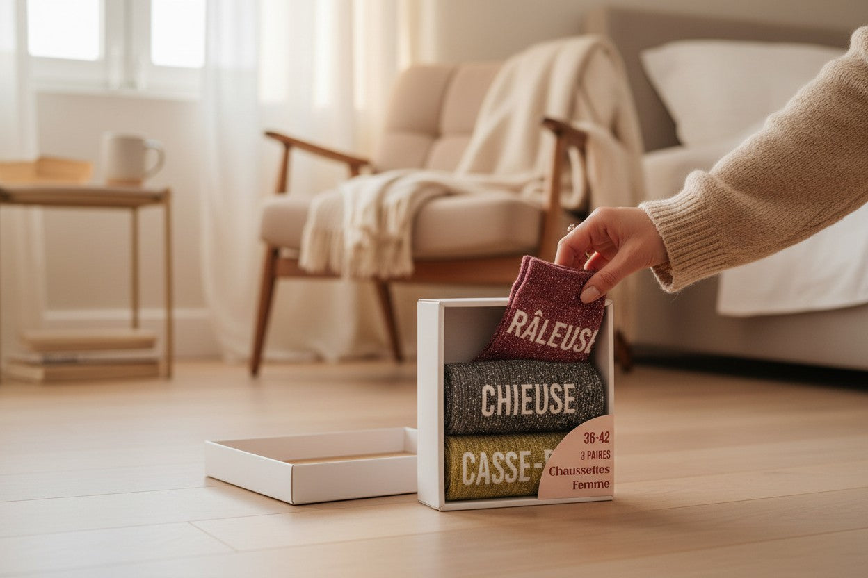 Coffret Trio Chaussettes Paillettes Fantaisie – Râleuse, Chieuse & Casse-Pied JOY!