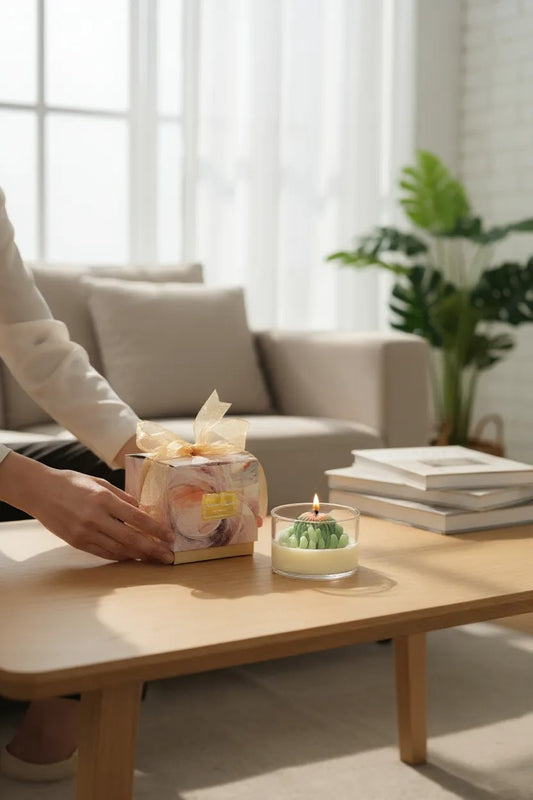 Mini-cactus en cire au design réaliste, intégrés dans la bougie terrarium parfumée.