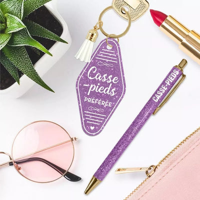 Duo Paillettes Casse-Pieds – Porte-Clés & Stylo Violet Cadeau Humour JOY!