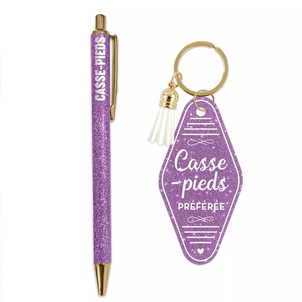 Duo Paillettes Casse-Pieds – Porte-Clés & Stylo Violet Cadeau Humour JOY!