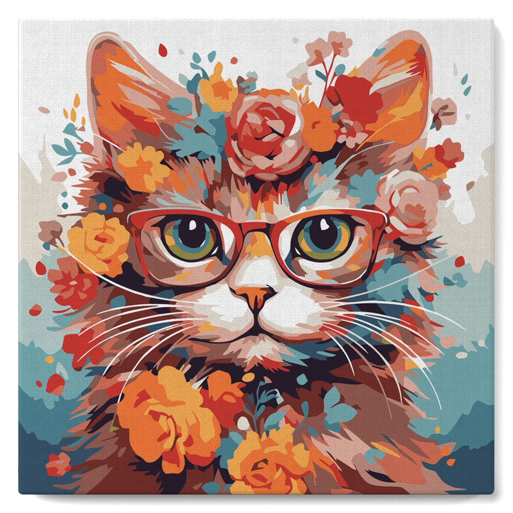 Mini Peinture par Numéros 20x20cm avec cadre Chaton fantaisie et fleurs