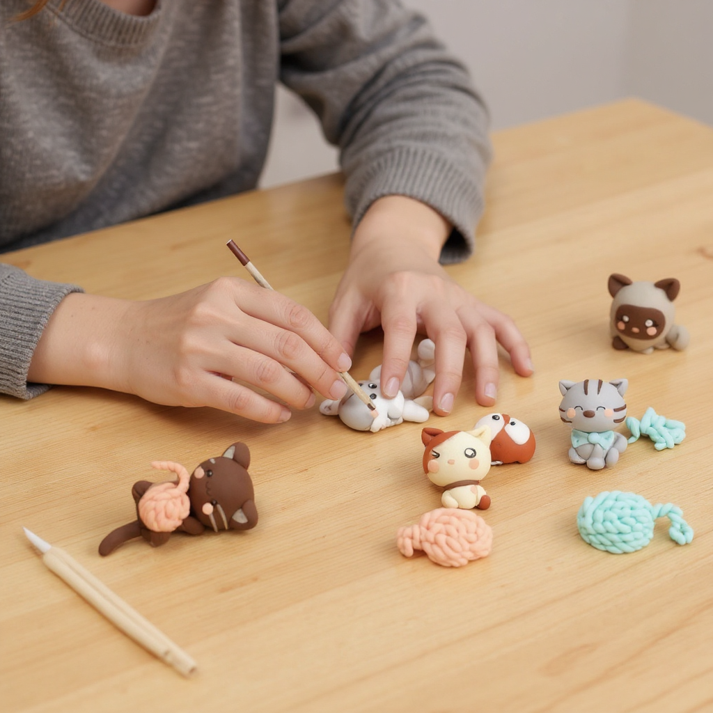 Gros plan sur une figurine chat kawaii en pâte polymère FIMO, réalisée avec le kit.