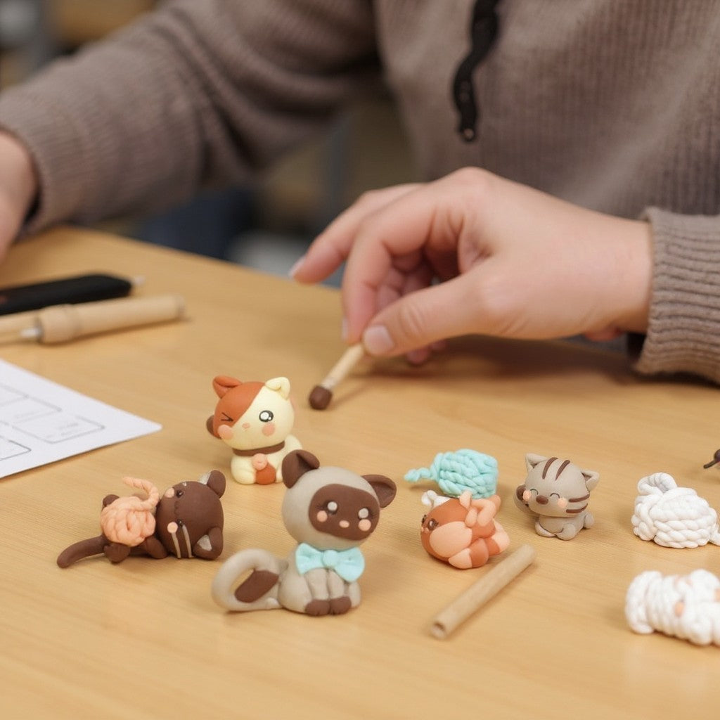 Figurines chats kawaii en FIMO exposées en décoration. Une création DIY tendre et originale.