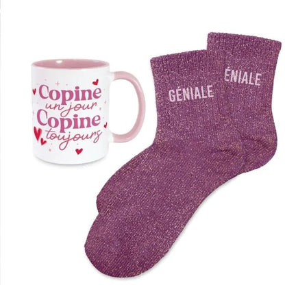 Chaussettes violettes pailletées avec inscription Géniale