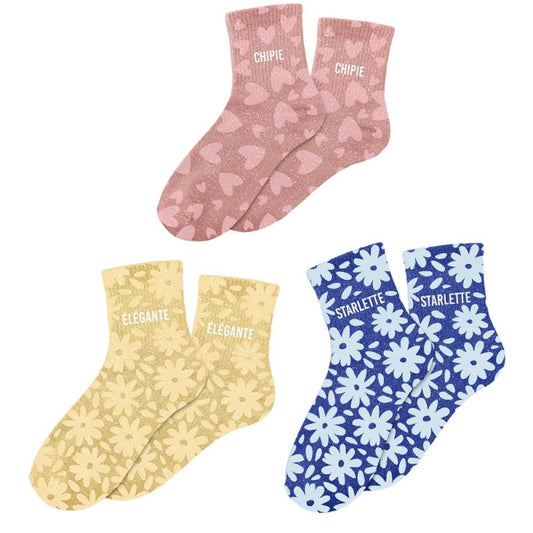 Chaussettes Pailletées Colorées Fantaisie – Mot & Imprimé Floral (36/42)