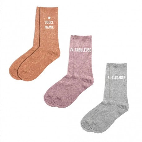 Coffret Trio Chaussettes Paillettes – Douce Mamie / Fabuleuse / Élégante (Taille 36-42) JOY!