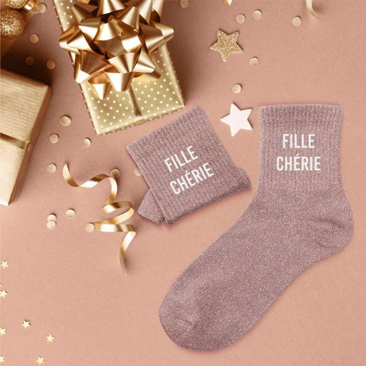 Chaussettes à Paillettes “Fille Chérie” Roses – Message Tendre (36-42)