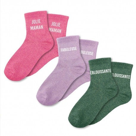 Coffret Trio Chaussettes Paillettes Fantaisie Femme – Jolie Maman, Fabuleuse & Éblouissante JOY!
