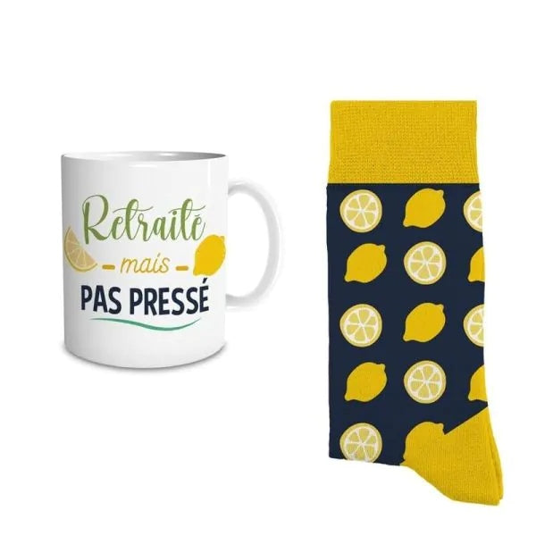 Coffret Cadeau Mug et Chaussettes – Retraité mais pas pressé | Idée Cadeau Retraite JOY!