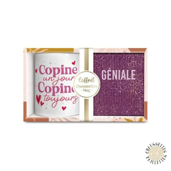 Coffret cadeau Copine Géniale avec mug et chaussettes pailletées