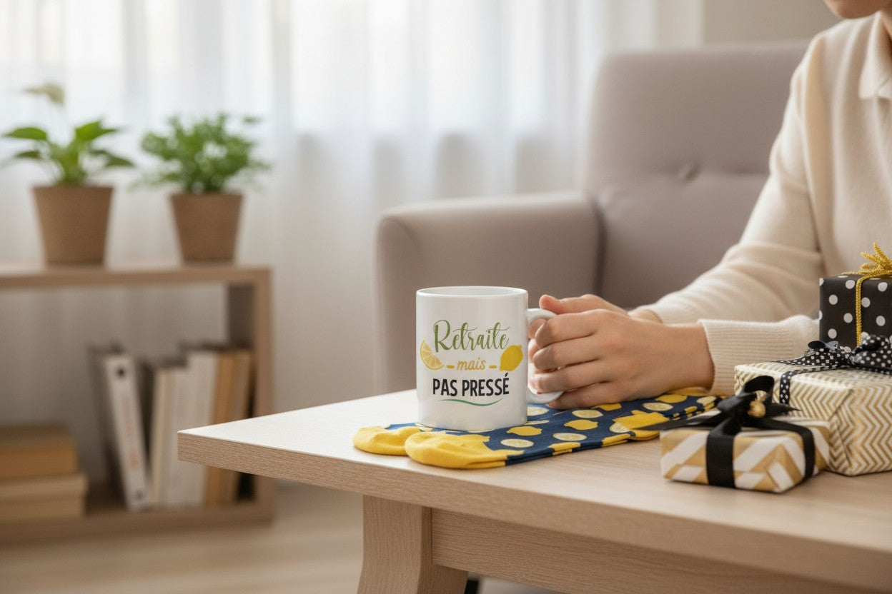 Coffret Cadeau Mug et Chaussettes – Retraité mais pas pressé | Idée Cadeau Retraite JOY!