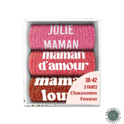 Coffret Trio Chaussettes Paillettes Fantaisie – Jolie Maman, Maman d’Amour & Maman Louve JOY!