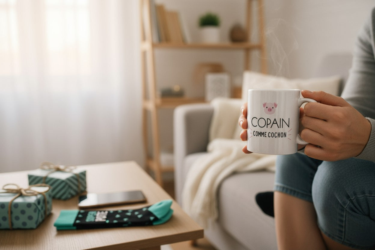 Coffret Cadeau Mug et Chaussettes – Copain Comme Cochon | Idée Cadeau Super Pote JOY!