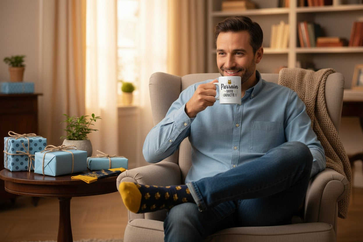 Coffret Cadeau Mug et Chaussettes – Parrain Super Chouette | Idée Cadeau Parrain JOY!