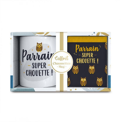 Coffret Cadeau Mug et Chaussettes – Parrain Super Chouette | Idée Cadeau Parrain JOY!