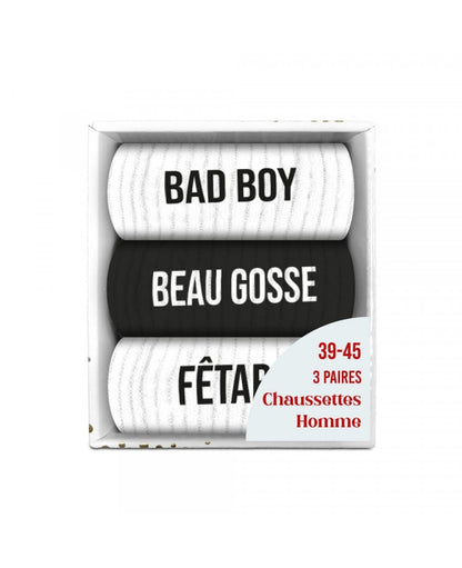 Coffret trio chaussettes homme fantaisie noires et blanches Bad Boy Beau Gosse Fêtard