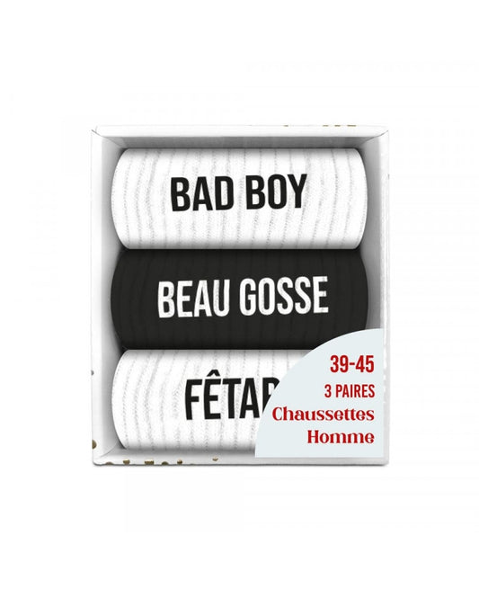 Coffret Trio Chaussettes Homme Fantaisie – Bad Boy, Beau Gosse, Fêtard | Taille 39/45 JOY!