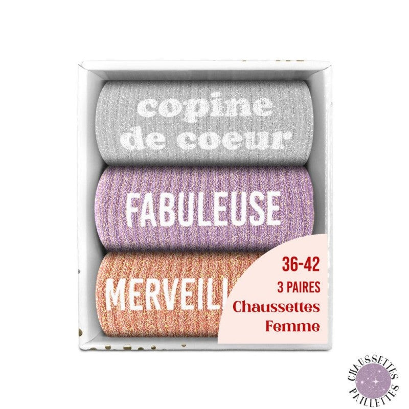 Coffret Trio Chaussettes Paillettes – Copine de Cœur / Fabuleuse / Merveilleuse (Taille 36-42) JOY!