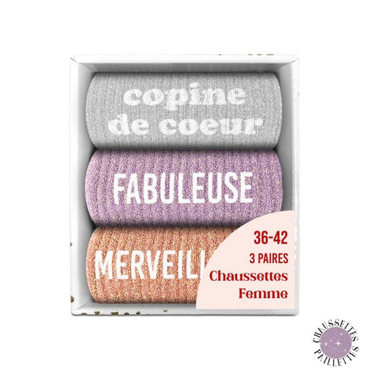 Coffret Trio Chaussettes Paillettes – Copine de Cœur / Fabuleuse / Merveilleuse (Taille 36-42) JOY!