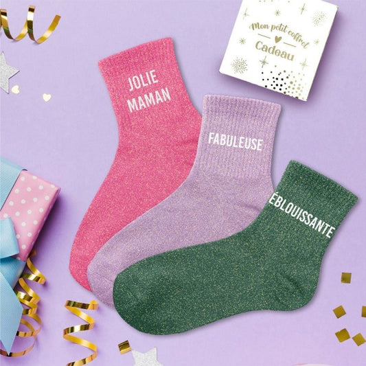 Coffret Trio Chaussettes Paillettes Fantaisie Femme – Jolie Maman, Fabuleuse & Éblouissante JOY!