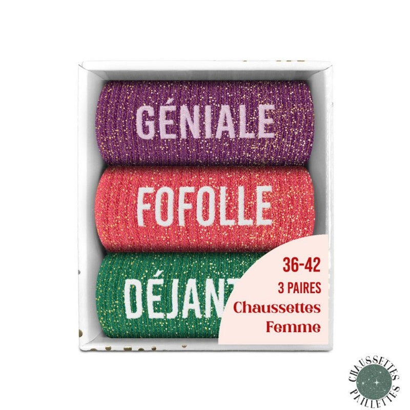 Coffret Trio Chaussettes Paillettes – Géniale / Fofolle / Déjantée (Taille 36-42) JOY!