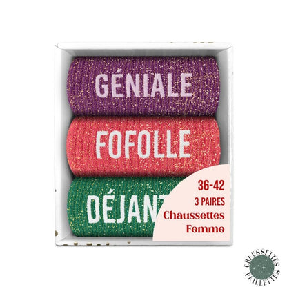 Coffret Trio Chaussettes Paillettes – Géniale / Fofolle / Déjantée (Taille 36-42) JOY!