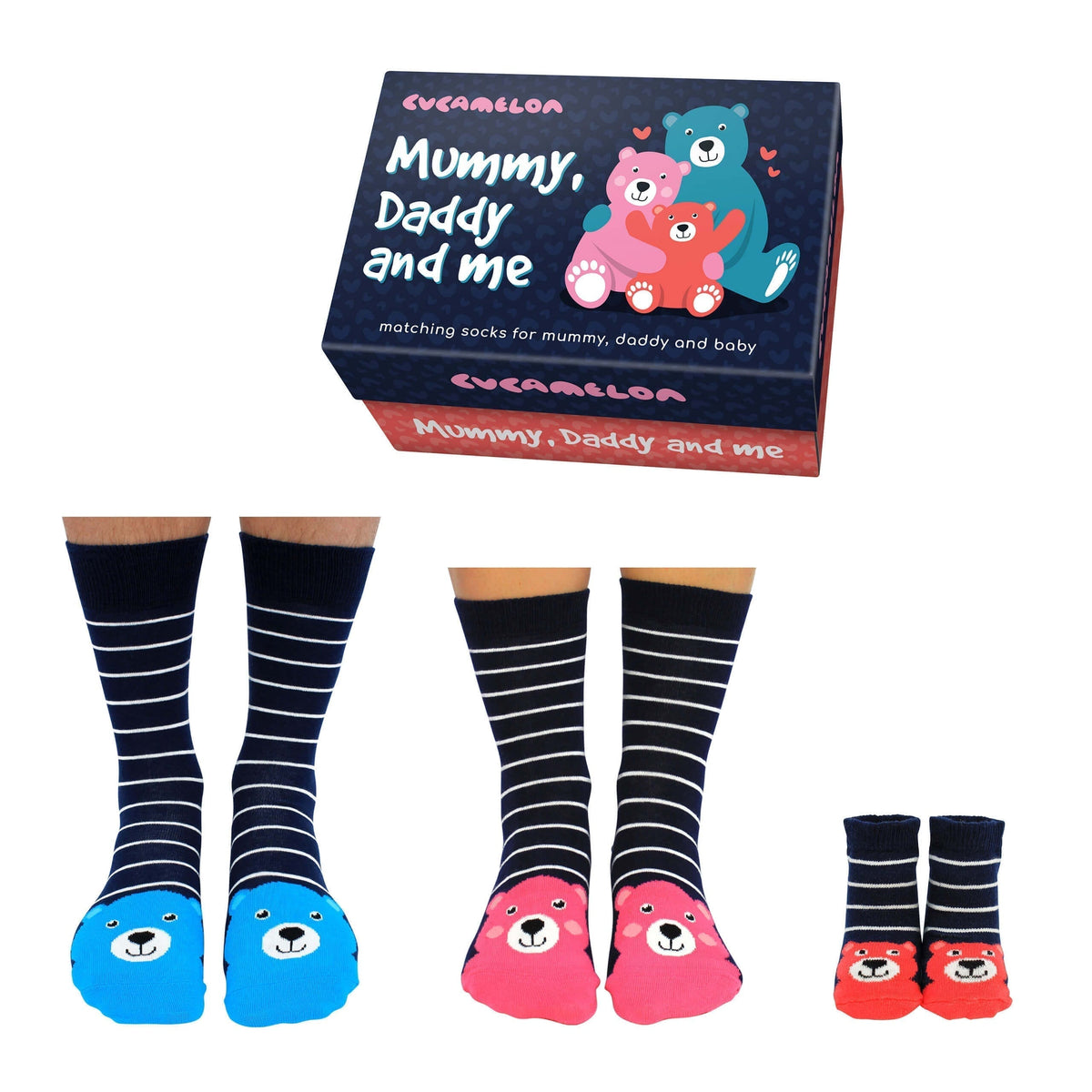 COFFRET CADEAU MAMAN, PAPA ET MOI - UNE PAIRE DE CHAUSSETTES CUCAMELON ASSORTIES POUR MAMAN, PAPA ET BÉBÉ United Oddsocks