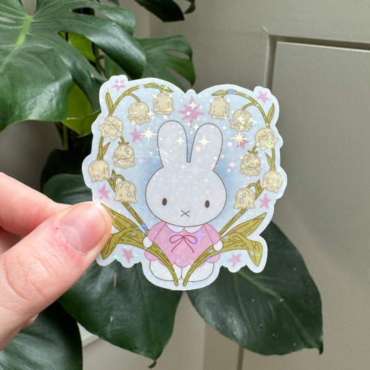Sticker Bunny Fleur Holographique – Autocollant Kawaii Lapin Floral Liviaa.studio