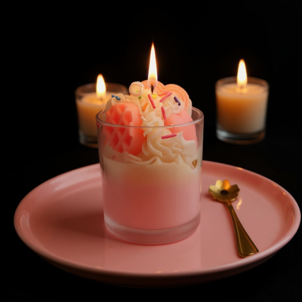 Bougies gourmandes Chantilly utilisées en déco. Ambiance cosy et parfumée.