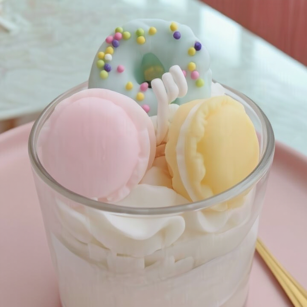 Bougie gourmande chantilly vue du dessus, avec décorations pâtisserie kawaii et topping coloré.