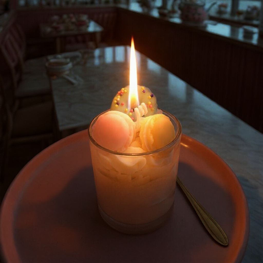 Bougie gourmande chantilly allumée, créant une ambiance douce et cocooning.
