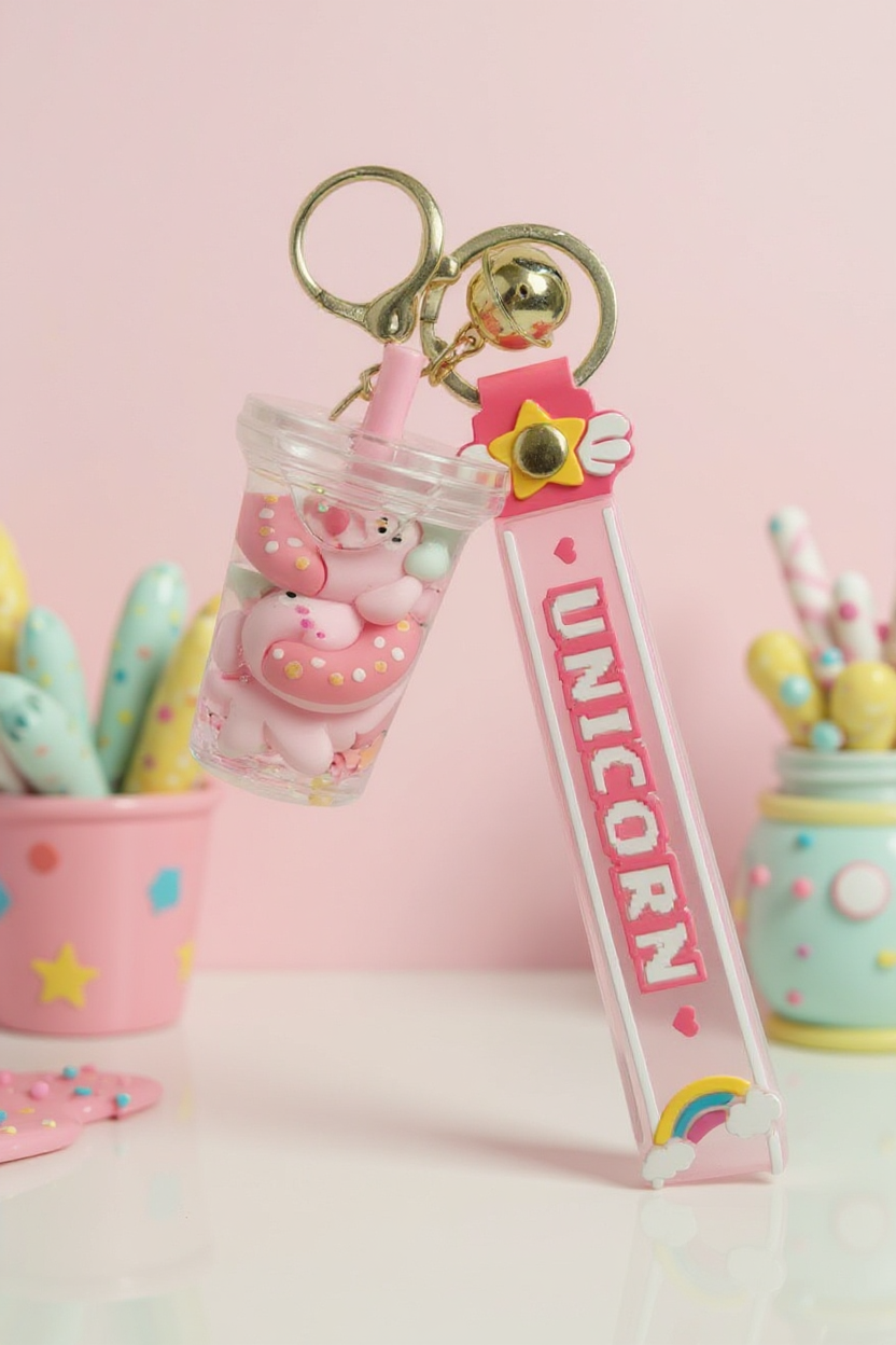 Porte-clés donut flottant kawaii intégré dans une déco pastel et colorée