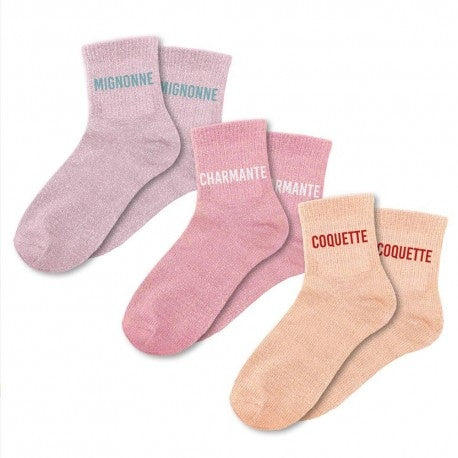 Coffret Trio Chaussettes Paillettes Fantaisie – Mignonne, Charmante & Coquette JOY!