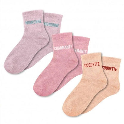 Coffret Trio Chaussettes Paillettes Fantaisie – Mignonne, Charmante & Coquette JOY!