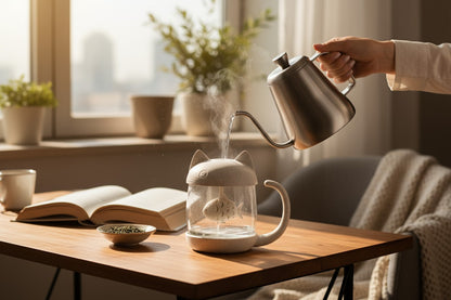 Gros plan sur l’infuseur à thé en forme de chat sur la tasse